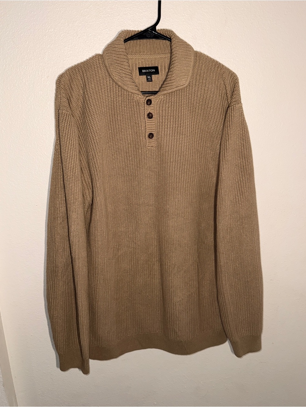 Brixton Shawl Collar Crewneck Sweater in Tan